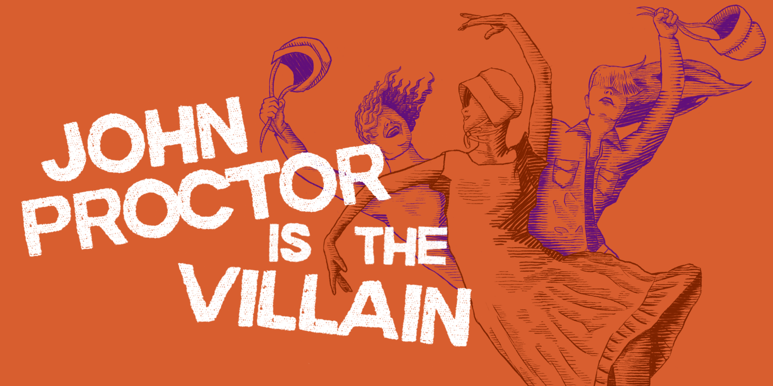 Artwork featuring three girls dancing in a combination of 17th century puritan and 21st century clothing.